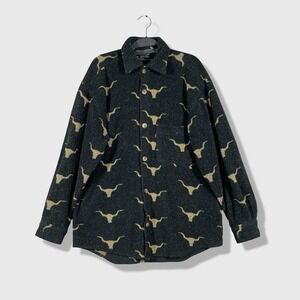 Tsunami Button Up Shirt Mens Medium Black Bull Longhorn Fleece Western Boho